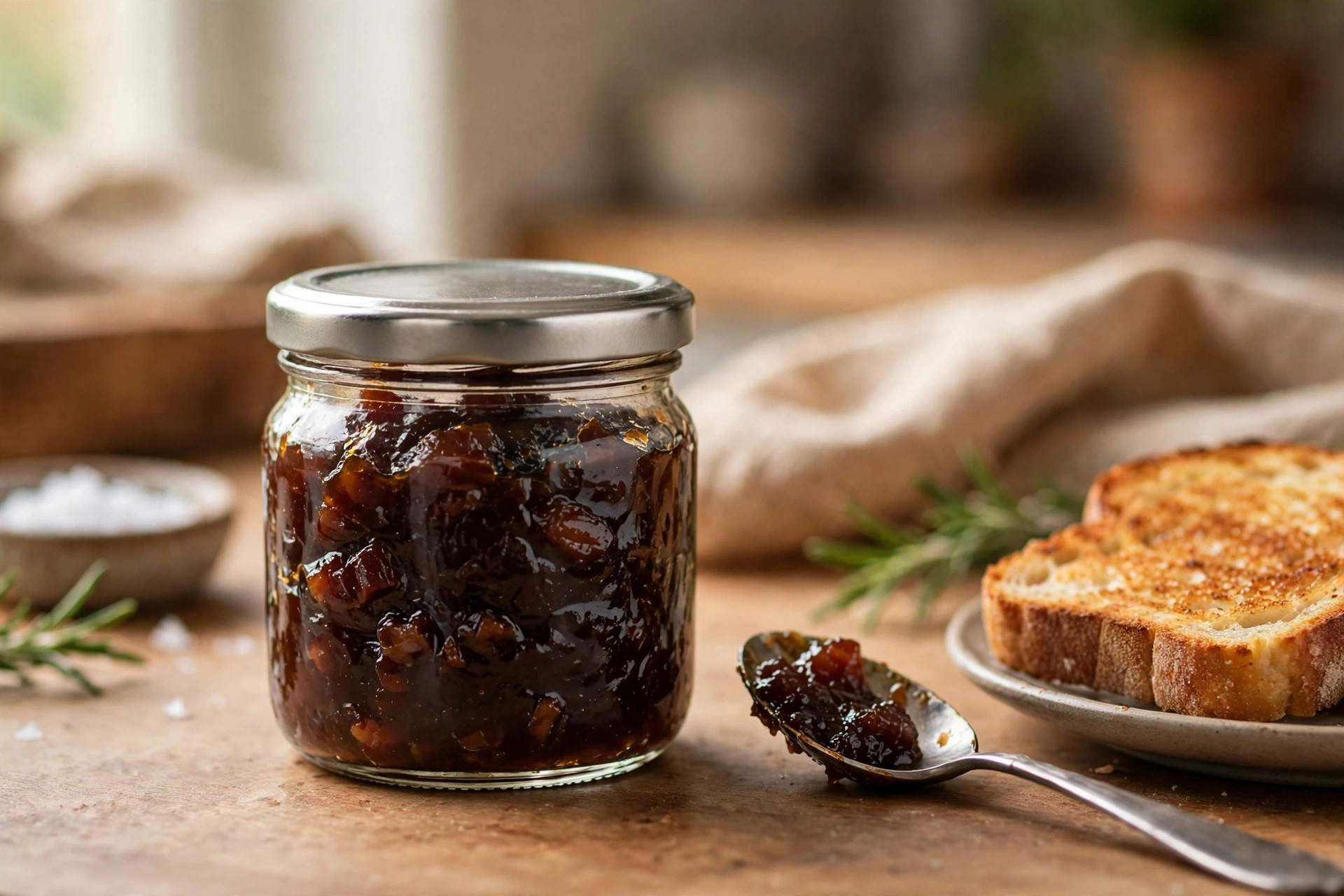 Illustrative jar of bacon jam with toast