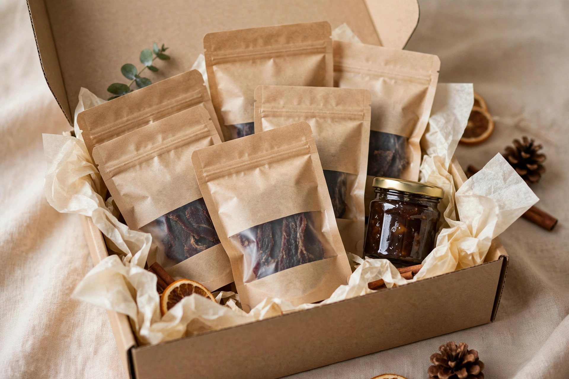 Illustrative gift box with jerky bags and a jar of bacon jam