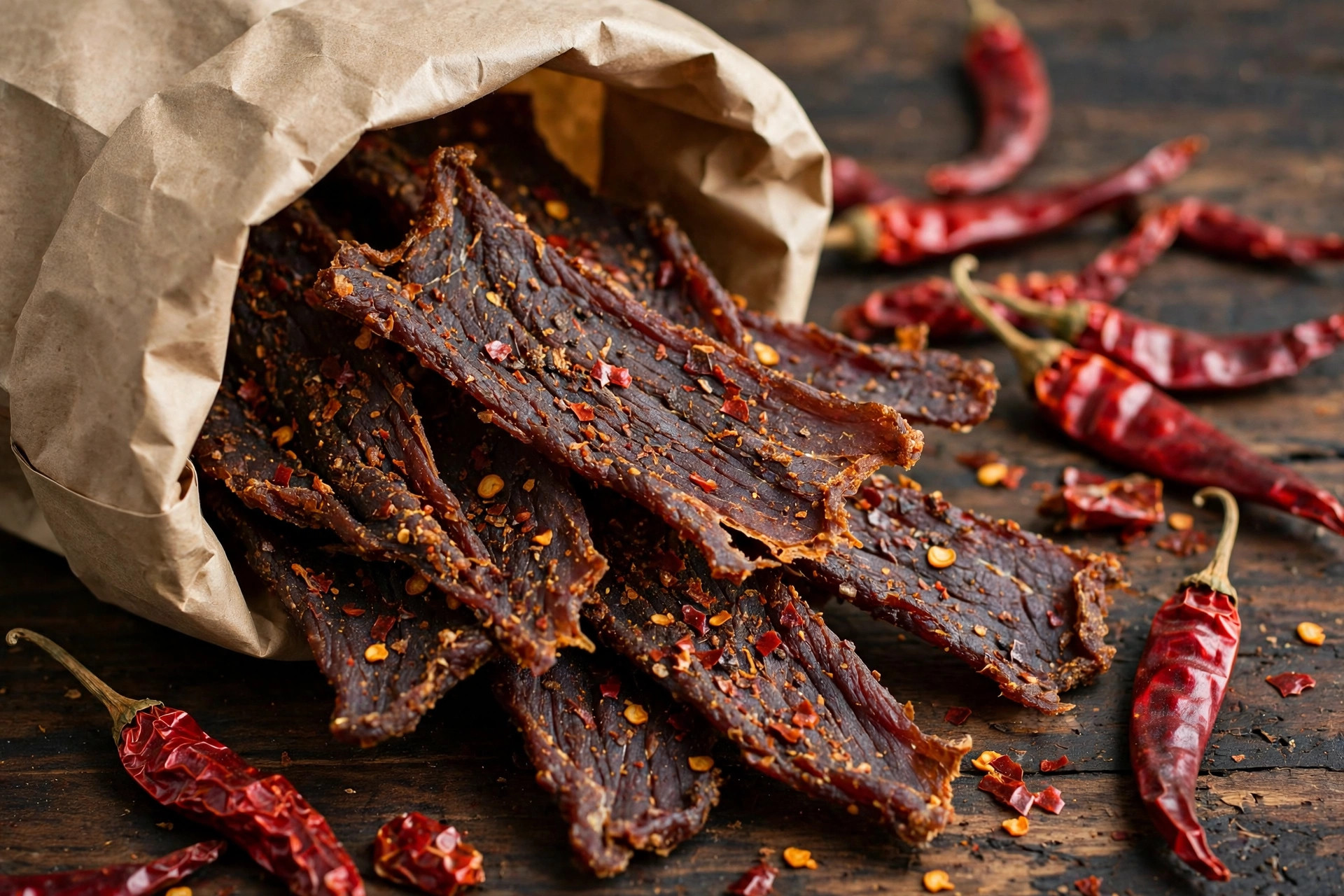 Illustrative spicy beef jerky with dried chili peppers