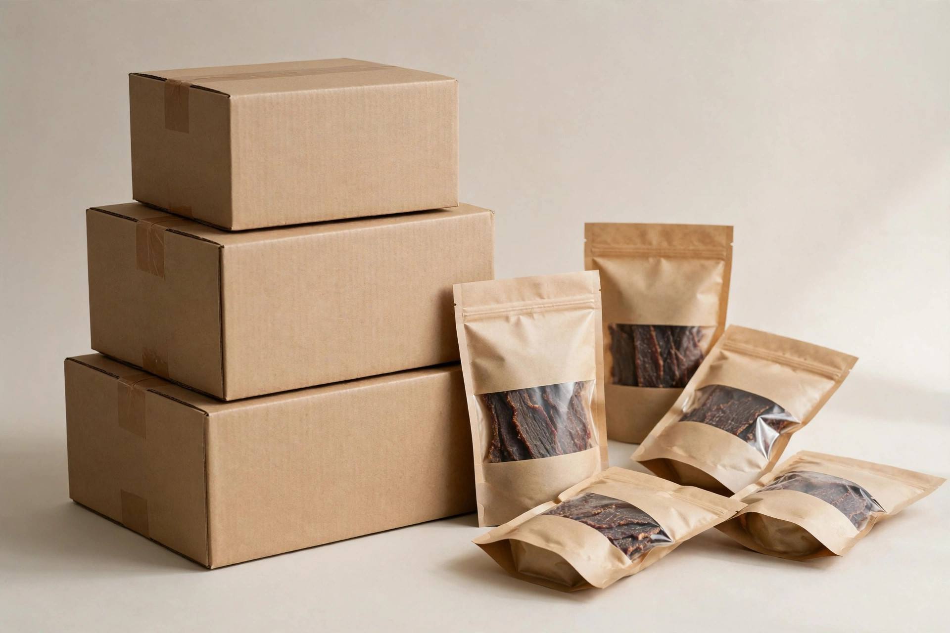 Illustrative stack of delivery boxes with jerky bags